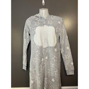 SO Intimates One-piece Pajamas Womens Medium Gray Stars Hooded Zip Sherpa Fleece